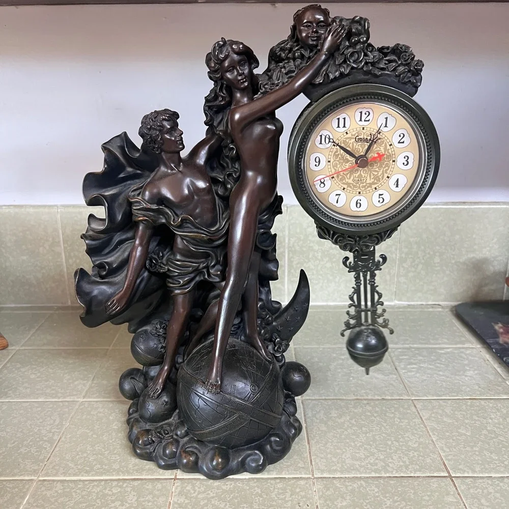 Crosa Quartz Celestial Figural Pendulum Clock Bronze Finish Man Woman Globe